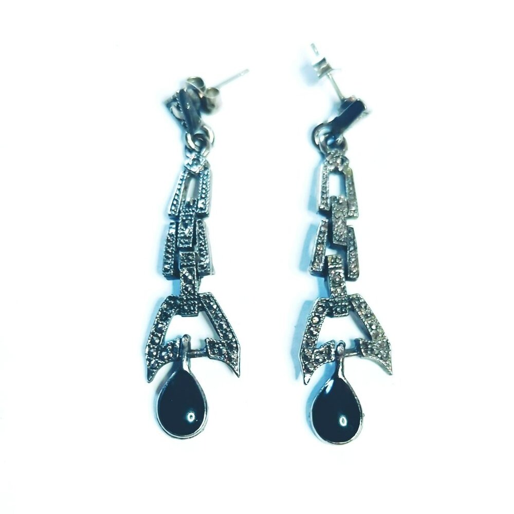 Vintage Art Deco Style Black & Silver-Tone Dangle Earrings